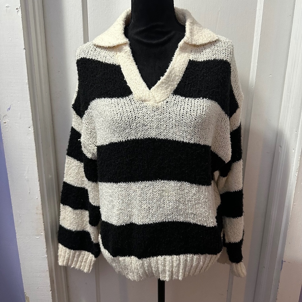 Pretty Garbage Black and White Striped Sweater with Collar in S